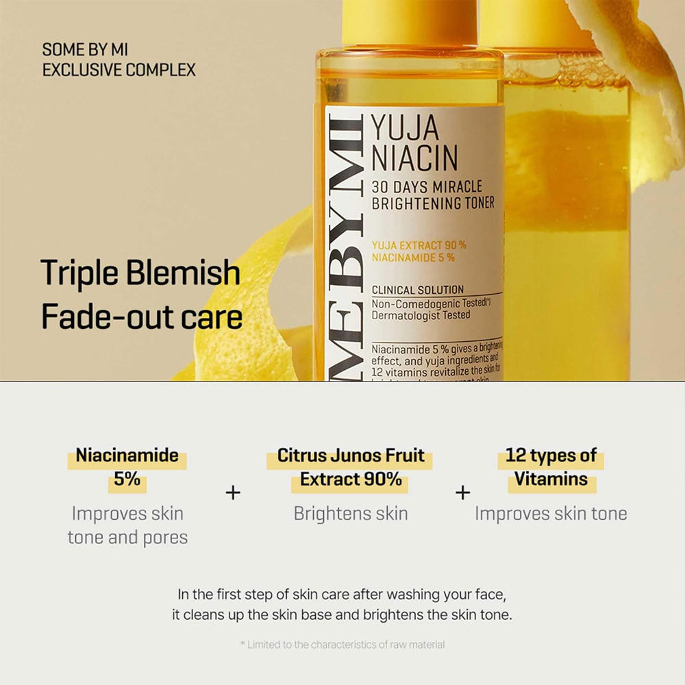 A promotional image for Yuja Niacin Brightening Toner, showing product bottles and highlighting key benefits: Vitamin C, 5% niacinamide, citrus extract, and 12 vitamins for visibly brighter, radiant skin.