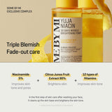 A promotional image for Yuja Niacin Brightening Toner, showing product bottles and highlighting key benefits: Vitamin C, 5% niacinamide, citrus extract, and 12 vitamins for visibly brighter, radiant skin.