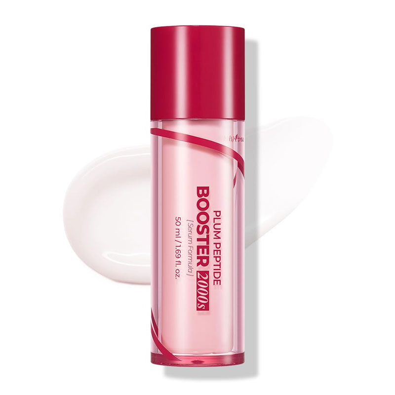 A 50 ml Plum Peptide Booster 2000S bottle in pink with a red cap and accents is shown on a white background next to creamy serum with Niacinamide, showcasing visible results.