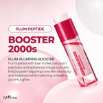 A pink and white bottle of Plum Peptide Booster 2000s sits on a soft pink and white background with bubbles. Using Micro Spicule Technology, it enhances skin elasticity for a youthful glow. Isntree is shown at the bottom.