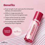 A pink bottle of Plum Peptide Booster 2000s, featuring Micro Spicule Technology, is shown on a pink background. Text highlights benefits like enhanced absorption, firming, radiance, and suitability for nighttime skincare.