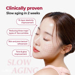 A woman with smooth, glowing skin faces sideways as text highlights Plum Peptide Booster 2000s’ clinical benefits: improved elasticity, fewer wrinkles, refined texture, and enhanced glow in 2 weeks. A white facial grid overlays the image.