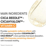 Main ingredients: Cica Reedle™, CicahyäloN™, and Vitamin C. The image features a close-up of the gel texture. Text highlights Vita-Light Reedle Shot 100’s moisturising and brightening synergy, fast absorption, and stable Vitamin C capsules.