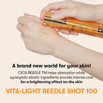 A hand dispenses clear serum from a gold pump bottle onto another hand. Text promotes Vita-Light Reedle Shot 100, featuring fast absorption and Vitamin C for brightening skin.