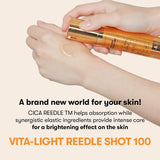 A hand dispenses clear serum from a gold pump bottle onto another hand. Text promotes Vita-Light Reedle Shot 100, featuring fast absorption and Vitamin C for brightening skin.