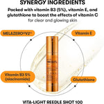 Infographic promoting Vita-Light Reedle Shot 100 serum, highlighting synergy of vitamin B3 (5%), vitamin E, glutathione, and vitamin C for brightening, moisturizing, and glowing skin.