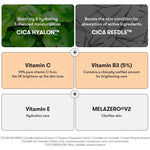 Infographic of Vita-Light Reedle Shot 100: CICA HYALON™ for moisturising, CICA REEDLE™ for skin condition, Vitamins C & B3 for brightening, Vitamin E for hydration, and MELAZERO®V2 to clarify skin.