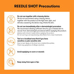 Infographic titled Vita-Light Reedle Shot 100 Precautions with icons and four safety tips: avoid use with beauty devices or after dermatology procedures, patch test on sensitive skin, keep away from scars/wounds and eyes/lips. Contains Vitamin C for brightening.