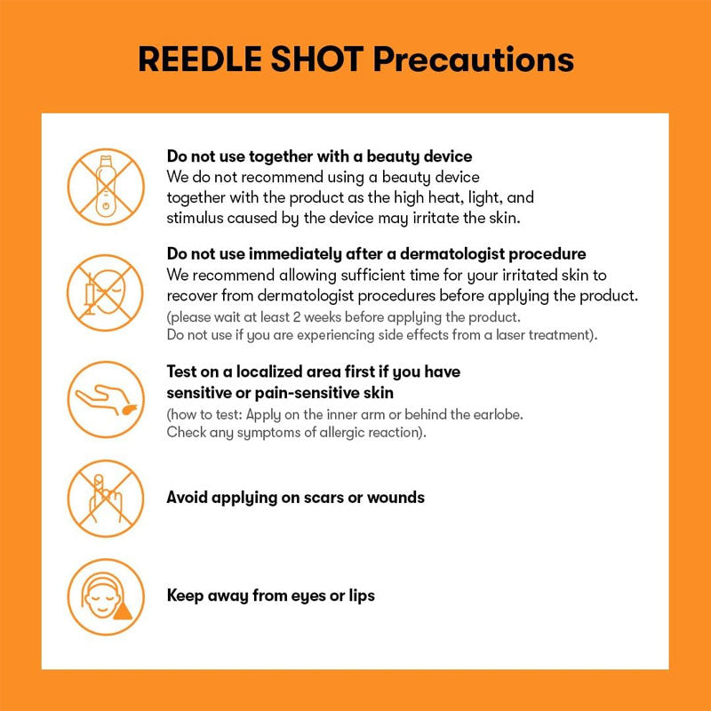 Infographic titled Vita-Light Reedle Shot 100 Precautions with icons and four safety tips: avoid use with beauty devices or after dermatology procedures, patch test on sensitive skin, keep away from scars/wounds and eyes/lips. Contains Vitamin C for brightening.