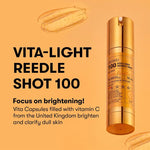 A gold Vita-Light Reedle Shot 100 bottle stands upright on a light orange background with gel capsules. Text highlights Vitamin C’s brightening, clarifying, and moisturizing effects for dull, tired skin, leaving it radiant.