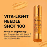 A gold Vita-Light Reedle Shot 100 bottle stands upright on a light orange background with gel capsules. Text highlights Vitamin C’s brightening, clarifying, and moisturizing effects for dull, tired skin, leaving it radiant.