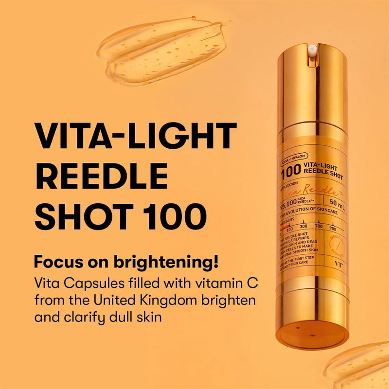 A gold Vita-Light Reedle Shot 100 bottle stands upright on a light orange background with gel capsules. Text highlights Vitamin C’s brightening, clarifying, and moisturizing effects for dull, tired skin, leaving it radiant.