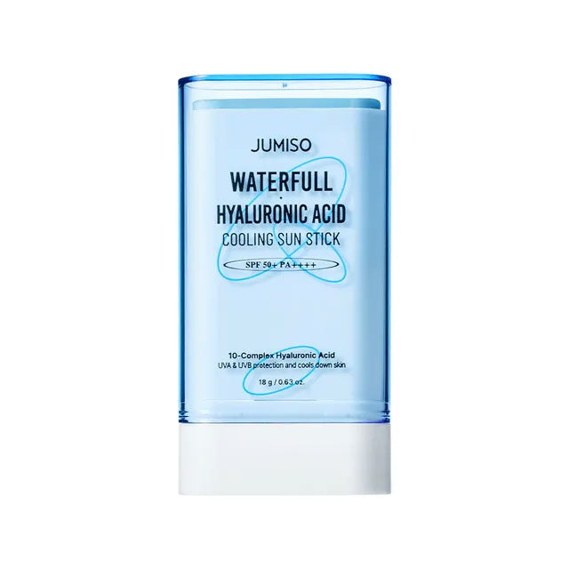 The Waterfull Hyaluronic Cooling Sunstick is a blue container with SPF 50+ PA++++, offering UVA/UVB protection and a cooling effect. This hydrating sunscreen with hyaluronic acid contains 18g of product.